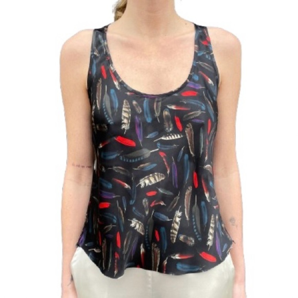 Pharaoh Women’s Silk Colorful Feather Print Scoop Neck Tank Top Size 1